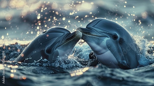 banner background National Dolphin Day theme, and wide copy space, Two dolphins kissing each other playfully at the water's surface, 