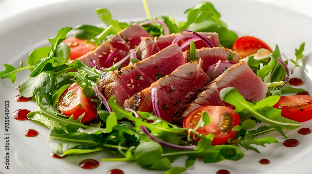 fresh tuna and vegetable salad, beautifully presented on a pristine white plate. The salad should feature vibrant ,sesame. Beautiful serving in the restaurant
