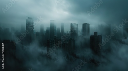 A city skyline partially obscured by thick fog, with buildings looming ghostly in the background, evoking a sense of isolation and eeriness. photo
