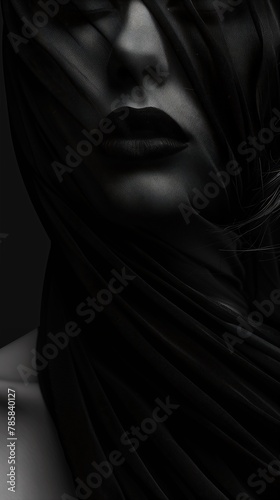 closeup woman veil covering face wrapped black scarf incubus alluring lips deep shadows grey matter saint singularities wonderful shading promotional