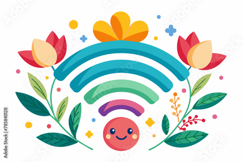 A charming cartoon WiFi signal sits amidst blooming flowers on a crisp white background.