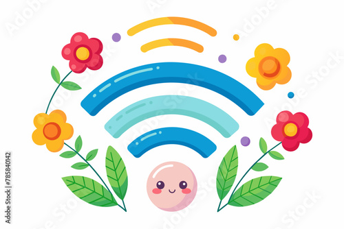 A charming cartoon Wi-Fi character with colorful flowers adorns a pure white background.