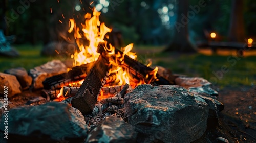 A close-up of a campfire with logs crackling and flames flickering, creating a cozy and inviting atmosphere.