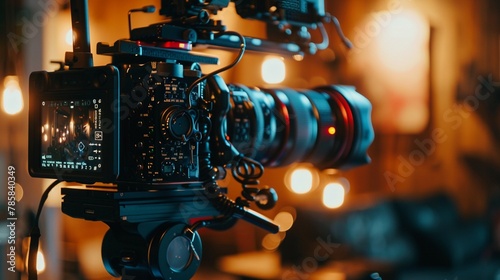 Video production in action, closeup of a professional camera focusing on interview setup, warm tone, eyelevel