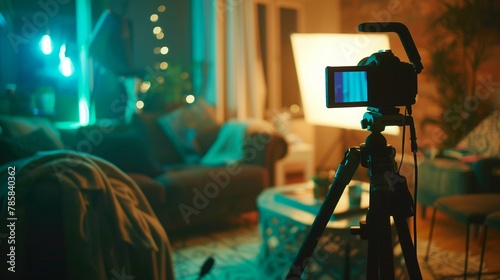 Video production setup for a cozy home interview, DSLR camera on tripod, soft lighting, eyelevel, closeup photo