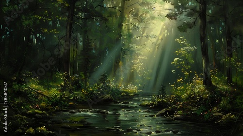 stream forest sunbeams trees furry bright young haunting brush strokes shining