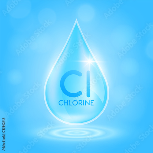 Water drop serum chlorine minerals from nature on blue background. Collagen solution or vitamins complex essential. For ads cosmetics medical. Vector EPS10.