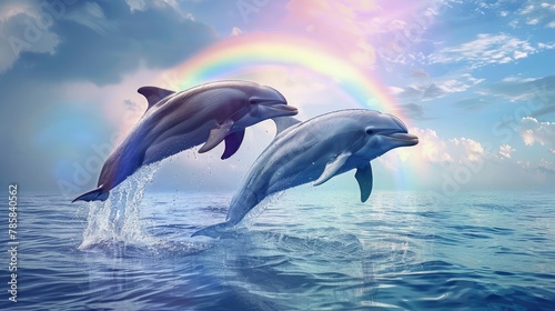 banner background National Dolphin Day theme, and wide copy space, Two dolphins jumping in unison out of the water with a rainbow in the background, for banner,  © AliaWindi