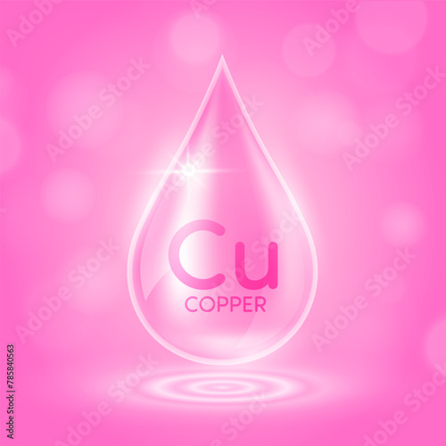 Water drop serum copper minerals from nature on pink background. Collagen solution or vitamins complex essential. For ads cosmetics medical. Vector EPS10.