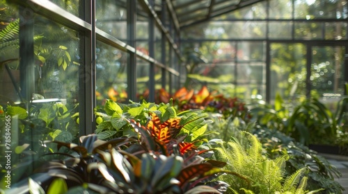 Each section of the interior garden is divided by clear glass walls creating distinct spaces for different types of plants. The vibrant colors and textures of the plants are highlighted .