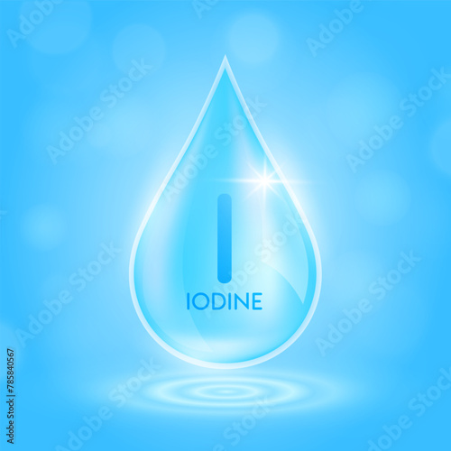 Water drop serum iodine minerals from nature on blue background. Collagen solution or vitamins complex essential. For ads cosmetics medical. Vector EPS10.