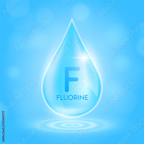 Water drop serum fluorine minerals from nature on blue background. Collagen solution or vitamins complex essential. For ads cosmetics medical. Vector EPS10.