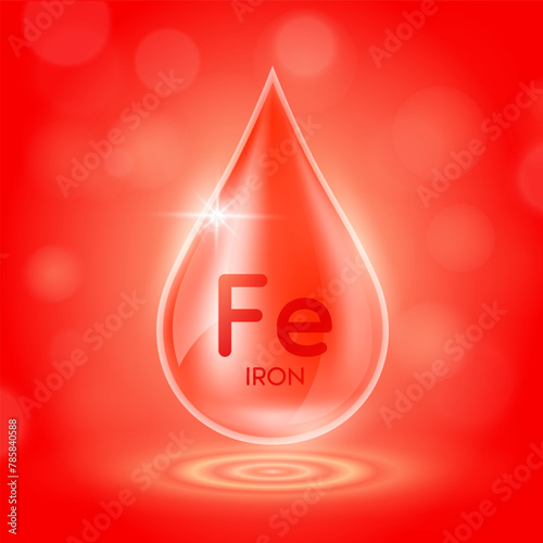 Water drop serum iron minerals from nature on red background. Collagen solution or vitamins complex essential. For ads cosmetics medical. Vector EPS10.