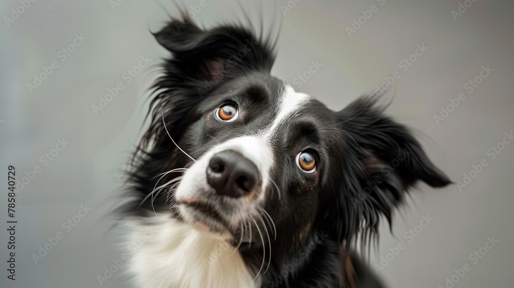 A curious Border Collie tilting its head to the side, looking intelligent and attentive.