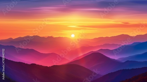 A close-up of the sun setting behind mountains, with the sky painted in shades of orange, pink, and purple.