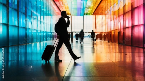 A silhouette of a figure walking through a busy airport terminal pulling a sleek luggage behind them and holding a phone to their ear highlights the fastpaced and constantly moving . © Justlight