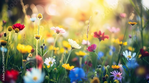 A field of colorful wildflowers blooming in the spring sunshine, showcasing the beauty of nature's renewal. © Kasorn