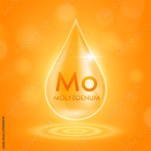 Water drop serum molybdenum minerals from nature on orange background. Collagen solution or vitamins complex essential. For ads cosmetics medical. Vector EPS10.