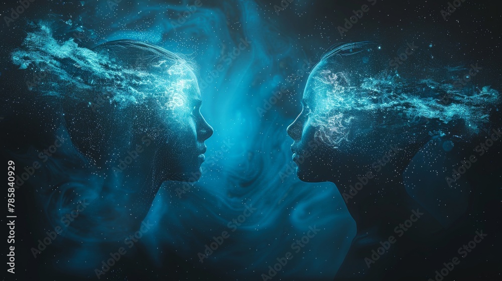 Telepathic Connection: Shimmering Bridge of Light Between Two Minds - obrazy, fototapety, plakaty 