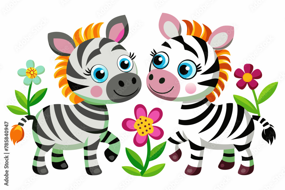 Charming zebras adorned with flowers prance through a whimsical cartoon landscape.