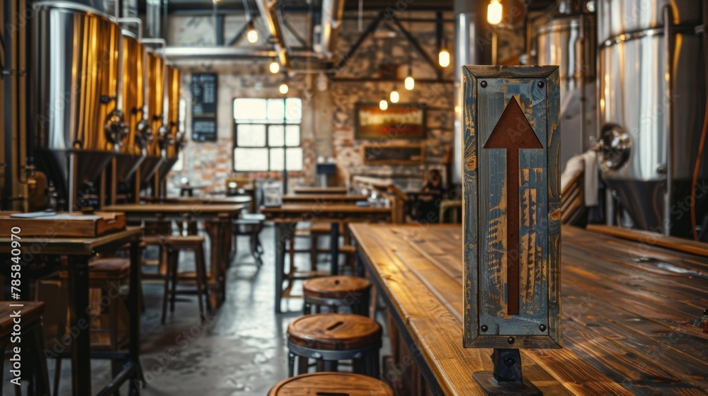 Fototapeta premium Blank mockup of a rustic brewery tour sign with a handpainted wooden arrow pointing the way to the tour. .