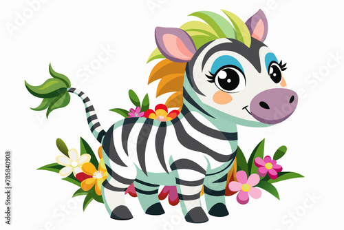 Charming zebra animal cartoon with flowers on a white background.