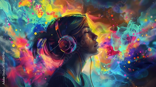 girl with headphones with waves of sound and emotion emanating from the headphones and surrounding the head. the image evokes a sense of freedom, creativity photo