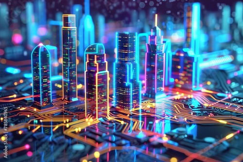 futuristic smart city on circuit board with neon lights and cyberspace theme digital art