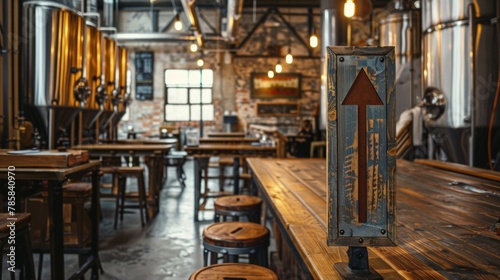 Blank mockup of a rustic brewery tour sign with a handpainted wooden arrow pointing the way to the tour. .