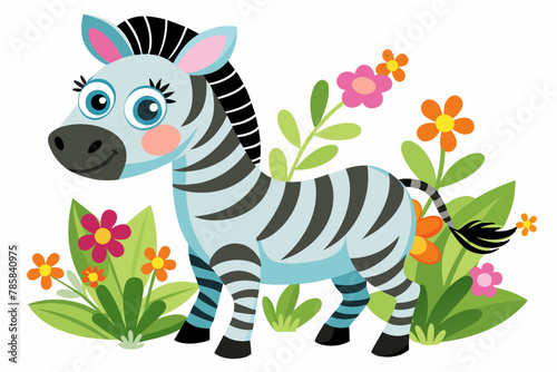 Charming zebras adorned with flowers prance through a whimsical cartoon landscape.