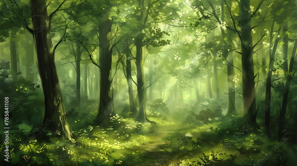 path forest trees grass young sunbeams green botany vox machine synthetic gently caressing earth close nature elf background - obrazy, fototapety, plakaty 