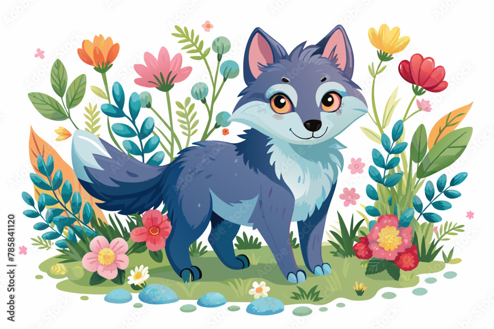 Wolves, known for their fierce nature, take on a charming and adorable appearance in this cartoon illustration, adorned with flowers that add a touch of whimsy.