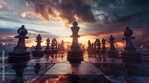 Chess queen leading a charge, low angle, dramatic sunset light, high contrast photo