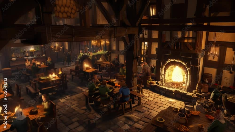Interior of a tavern set in a fantasy world. Old wooden beams, stone-paved floors, and the warm glow of a fireplace define the space. Interior of a tavern set in a fantasy world. Old wooden beams, stone-paved floors, and the warm glow of a fireplace define the space.