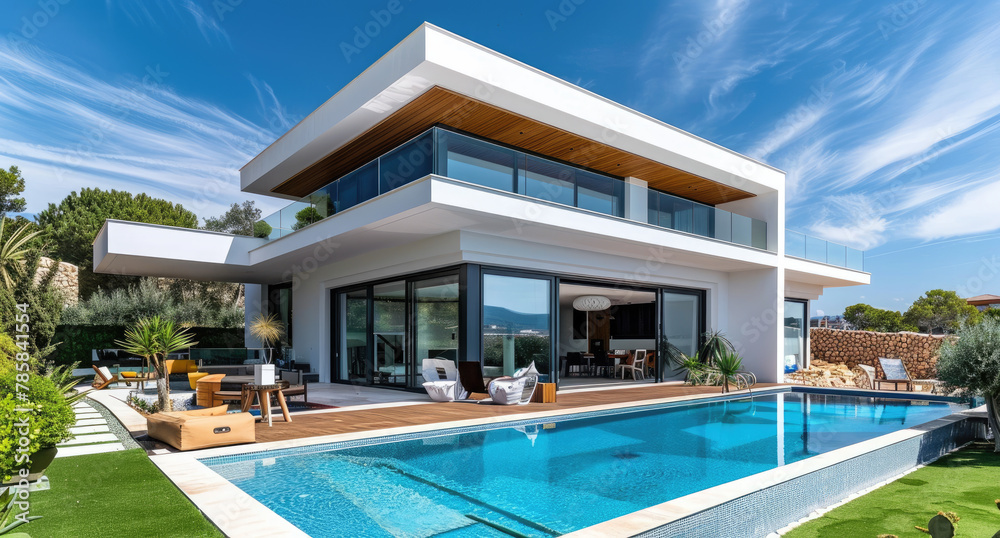Modern house with a pool and terrace, large windows, white walls, wooden floor, gray concrete surfaces, blue sky in the background, green lawn near the swimming pool