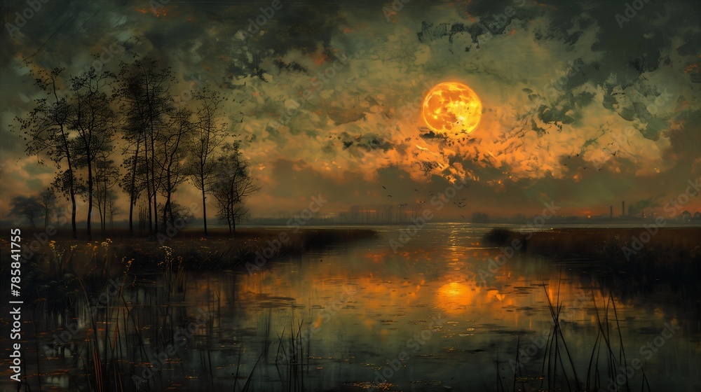 full moon rising lake trees oil sunburst flooded swamp expansive view sun dreamy coronavirus raw theatrical scenery marshes - obrazy, fototapety, plakaty 