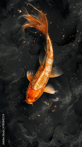 Artistic rendering of a gold fish with black distressed contrasts, conceptual, overhead perspective, soft focus, photo