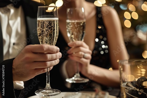 glamorous couple toasting with champagne glasses at elegant gala event lifestyle photography