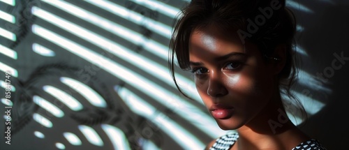 woman standing front wall face portrait rose magic hour mixed race closeup consist shadow skylights seedy lighting black female photo