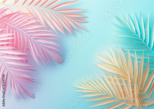 two palm leaves shown against blue background pastel vibe summer palette blur candy decorations colors subtle color variations