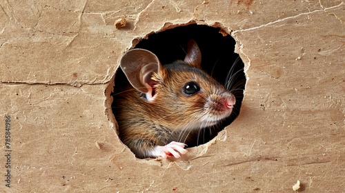 A mouse peeking out from a hole in the wall, illustrating its natural behavior. photo