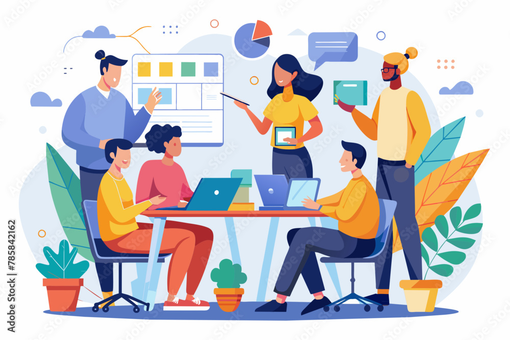 Business Meeting. The team is working on a project and discussing it. Plan. Business Vector illustration. Business Meeting. The team is working on a project and discussing it. Plan. Business Vector illustration.