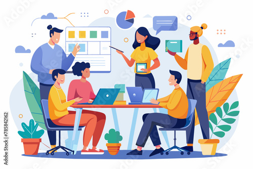Business Meeting. The team is working on a project and discussing it. Plan. Business Vector illustration.