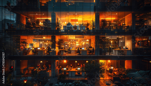 A large multistory building with glass windows and people sitting at tables inside, illuminated by orange lights. Created with Ai photo