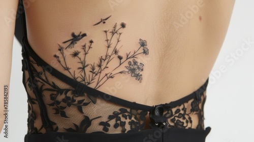 The skin on their ribs displays a series of small dainty tattoos featuring natureinspired elements like birds and flowers. . photo