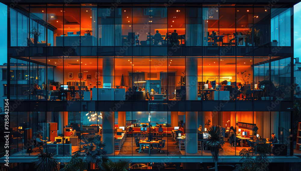 A large multistory building with glass windows, illuminated by orange lights inside and people sitting at tables enjoying their dinner in the open air terrace of an urban square. Created with Ai