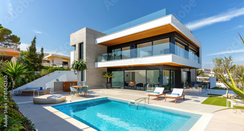 Modern house with a pool and terrace  large windows  white walls  wooden floor  gray concrete surfaces  blue sky in the background  green lawn near the swimming pool