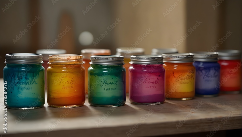 A series of watercolor paint jars lined up, each filled with a different, bright color, under soft lighting Generative AI A series of watercolor paint jars lined up, each filled with a different, bright color, under soft lighting Generative AI