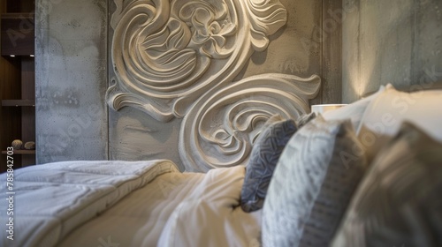 Stepping into a bedroom the eye is drawn to a feature wall adorned with a ly sculpted concrete overlay. The intricately carved design adds a touch of artistry to the room making it .