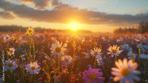 "Autumn Sunrise: Field Full of Blooming Flowers"